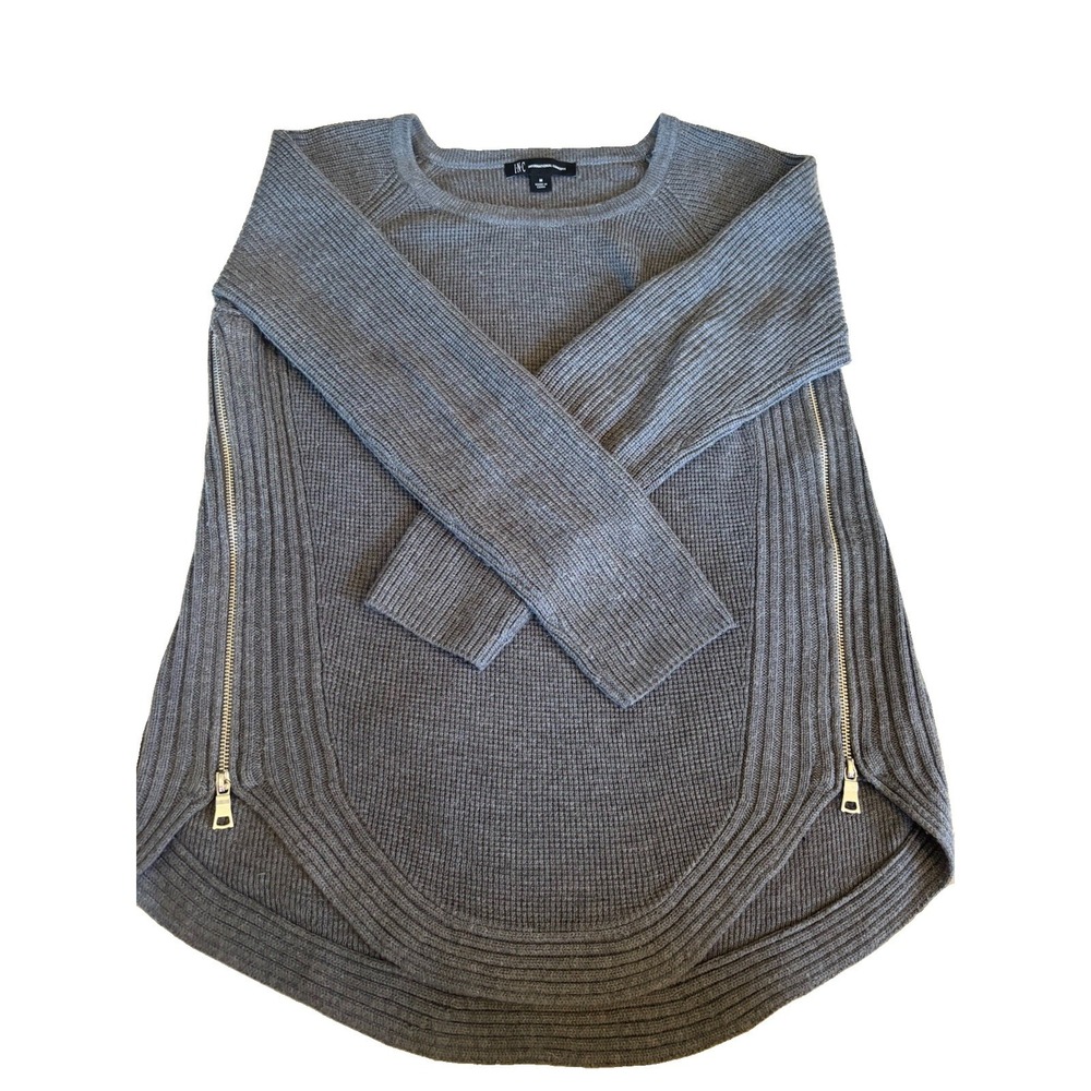 INC International Concepts Gray Waffle Knit Zip Sleeve Sweater Women's M